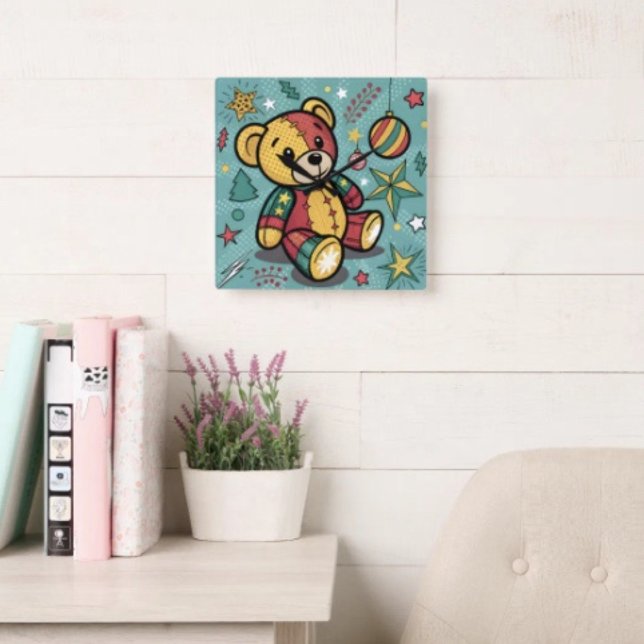 Whimsical Patchwork Jul Teddybjörn Fyrkantig Klocka (Wall Clock backside hanging slot  non-ticking design. 2 sizes: 8" diameter or 10.75" diameter.)