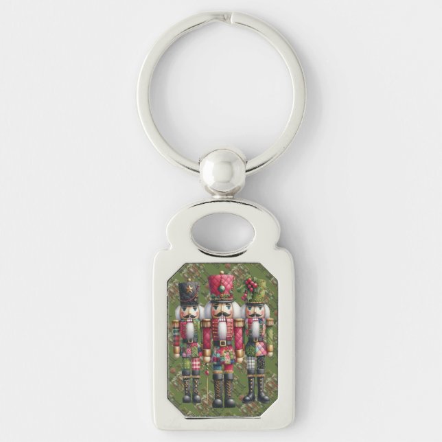 Whimsical Patchwork Julnötknäppare Trio Rektangulärt Silverfärgad Nyckelring (Framsidan)