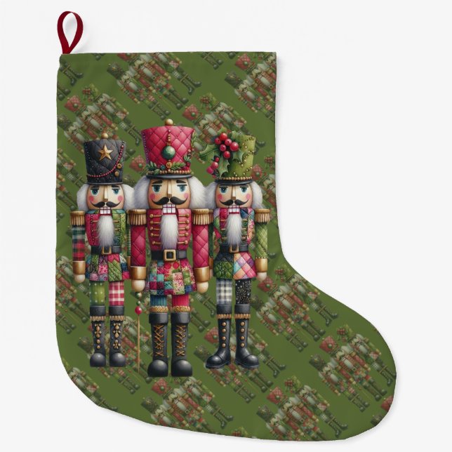Whimsical Patchwork Julnötknäppare Trio Stor Julstrumpa (Framsidan)