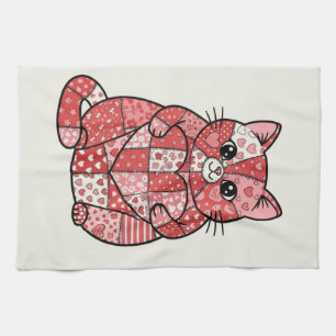 Whimsical Patchwork Katt som håller hjärta Konst Kökshandduk