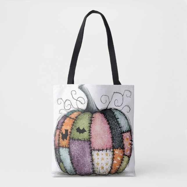 Whimsical Patchwork Pumpa Vit Halloween Tygkasse (Framsida)