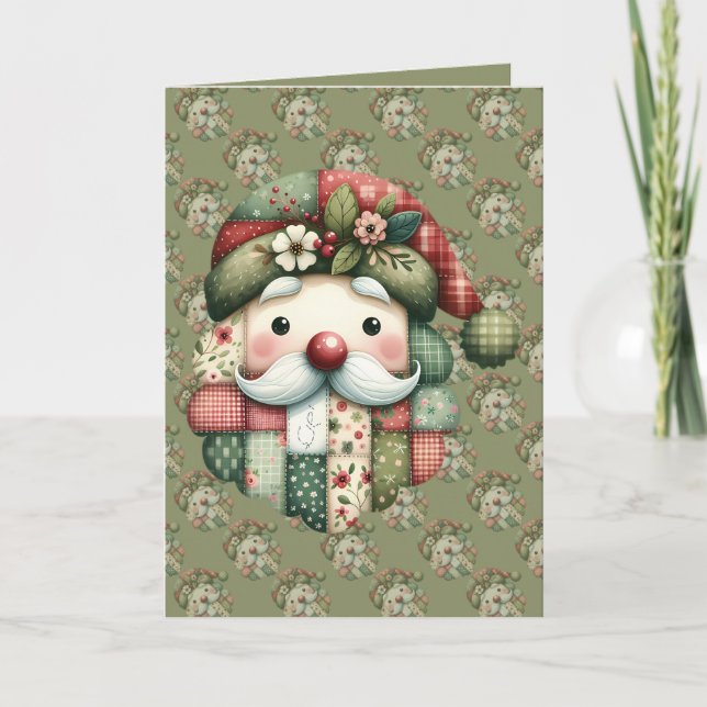 Whimsical Patchwork Santa Folk Christmas Card Tack Kort (Framsida)