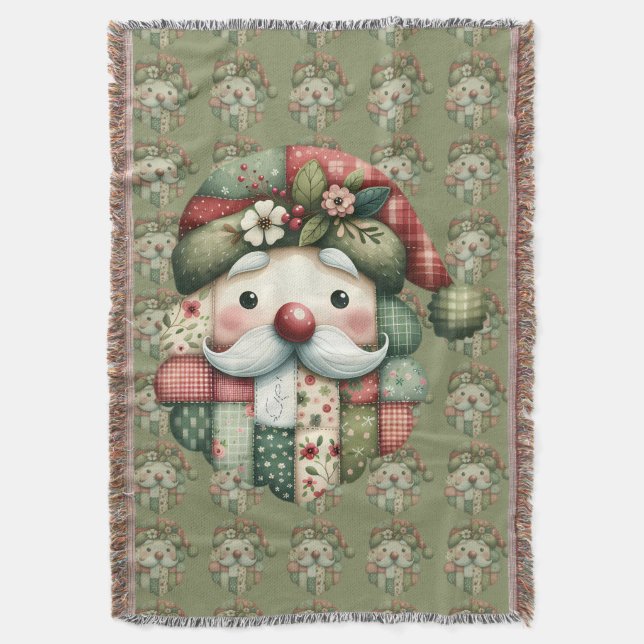 Whimsical Patchwork Santa Folk Christmas Filt (Framsidan Vertikal)