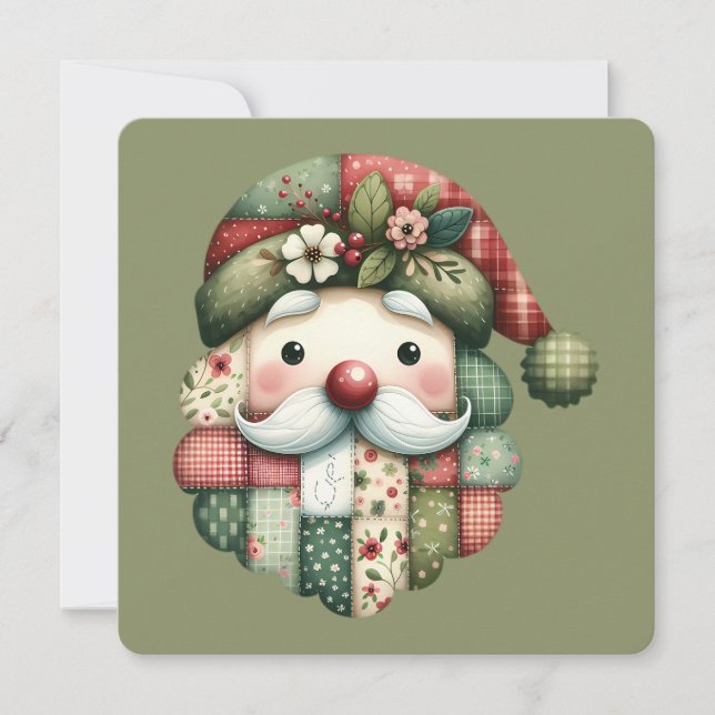 Whimsical Patchwork Santa Folk Christmas Flat Card (Framsida)