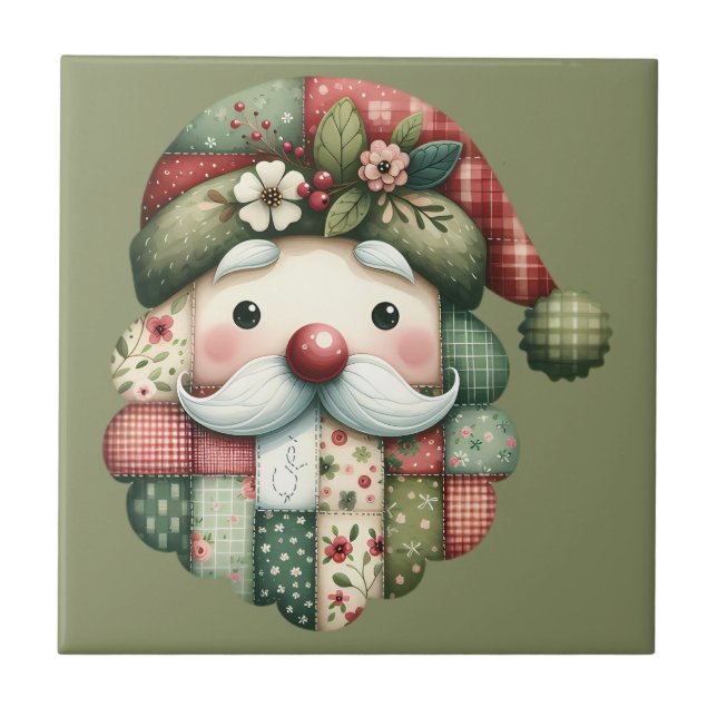 Whimsical Patchwork Santa Folk Christmas Kakelplatta (Framsidan)