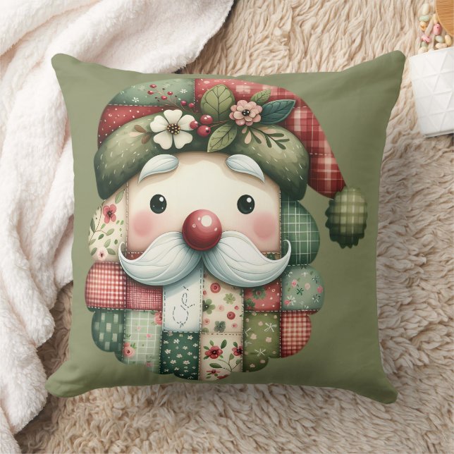 Whimsical Patchwork Santa Folk Christmas Kudde (Filt)