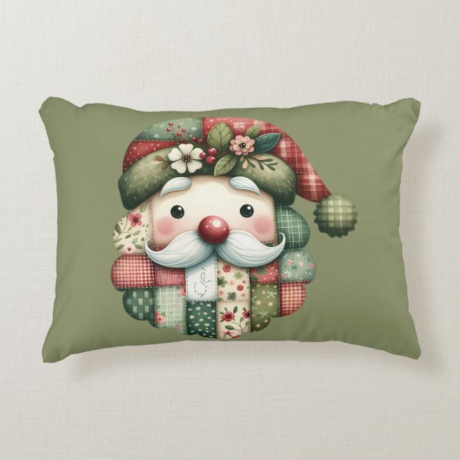 Whimsical Patchwork Santa Folk Christmas Prydnadskudde (Framsidan)