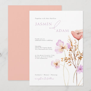 Whimsical Peach Lilac Wildblommor Bröllop Inbjudningar