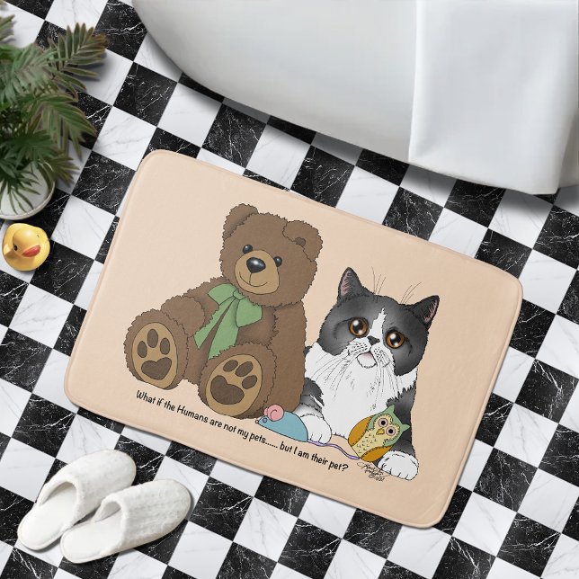 Whimsical Peach Söt Grå Katt Teddybjörn Humor Badrumsmatta (Skapare uppladdad)
