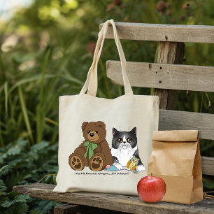 Whimsical Peach Söt Grå Katt Teddybjörn Humor Tygkasse