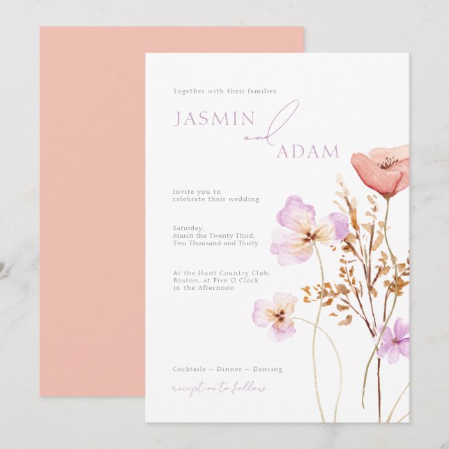 Whimsical Peachy Lilac Vildblomma Monogram Bröllop Inbjudningar (Fram/baksida)