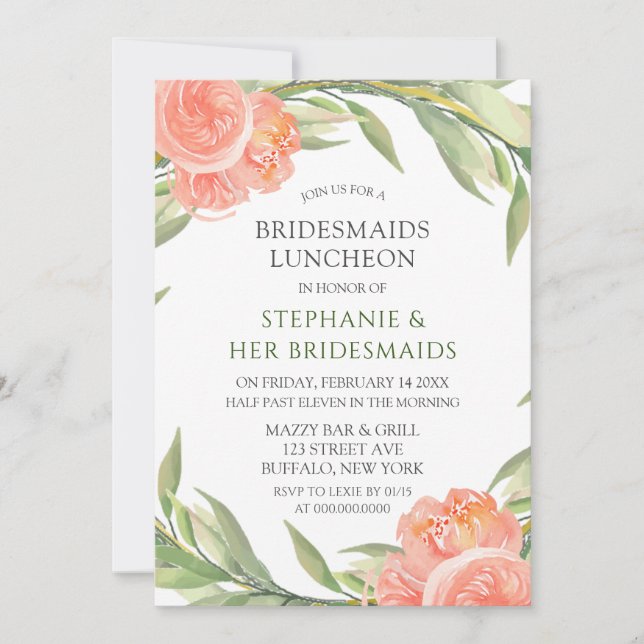 Whimsical Peachy Peonies Bridesmaids Luncheon Inbjudningar (Framsida)