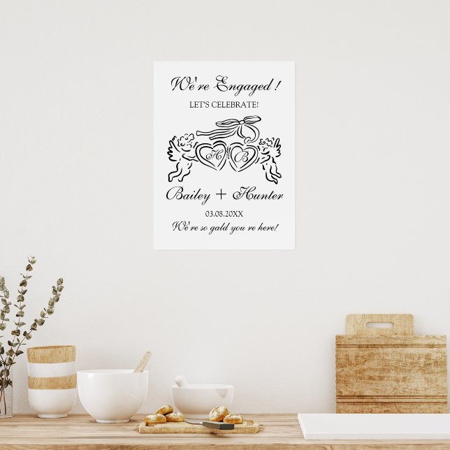 Whimsical Personalized Engagement couple Sign Poster (Kök)