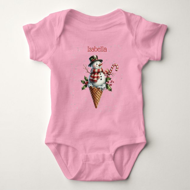 Whimsical Personalized Snowman with Candy Cane T Shirt (Framsida)