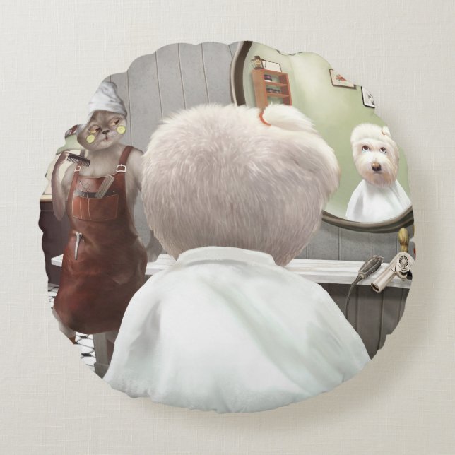 Whimsical Pet Barber Shop Rund Kudde (Framsidan)