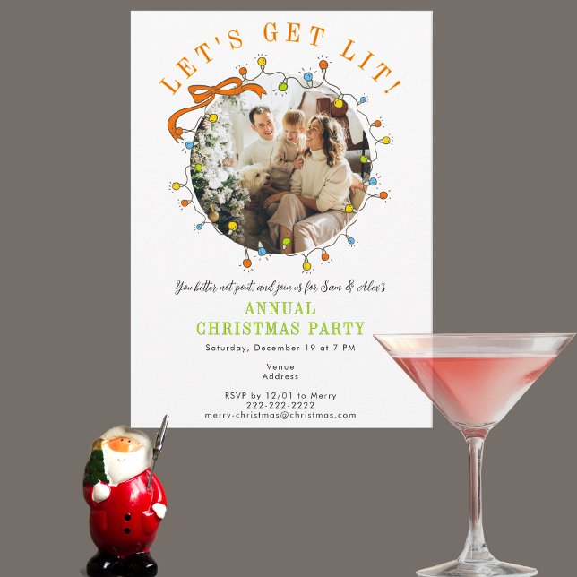 Whimsical Photo Let's Get Lit Christmas Party Inbjudningar (Whimsical Let's Get Lit Christmas cozy holiday gathering open house festive “Mr. & Mrs” Dinner Party)