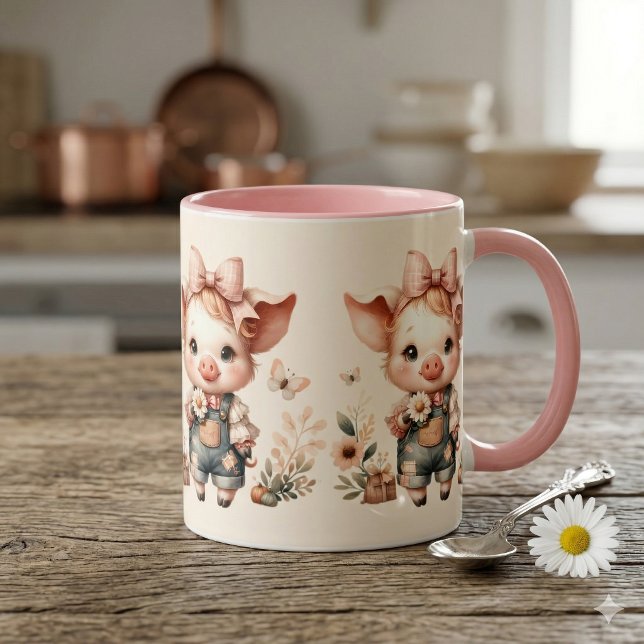 Whimsical Piglet in Pastel Overalls Peach Mugg (Whimsical Piglet in Pastel Overalls Peach Mug)