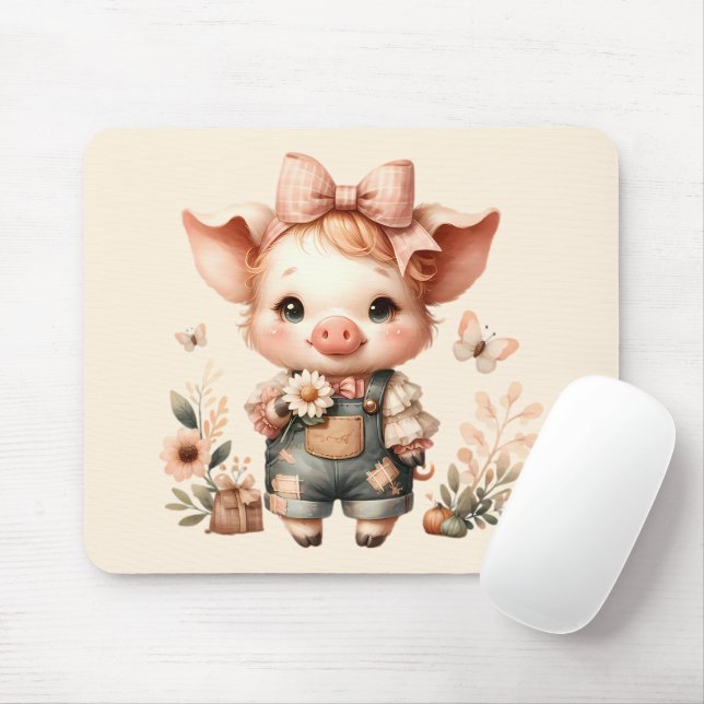 Whimsical Piglet in Pastel Overalls Peach Musmatta (Med mus)