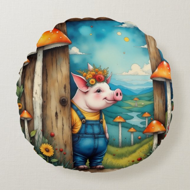 Whimsical Piglet Rund Kudde (Framsidan)
