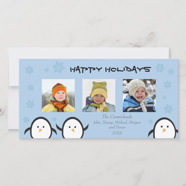 Whimsical Pingviner Holiday Photocard (blå) Julkort (Framsida)