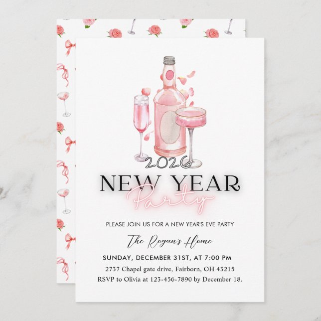 Whimsical Pink 2026 New Year Party Inbjudningar (Fram/baksida)