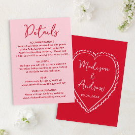 Whimsical Pink and Red Heart Wedding Details Tilläggskort