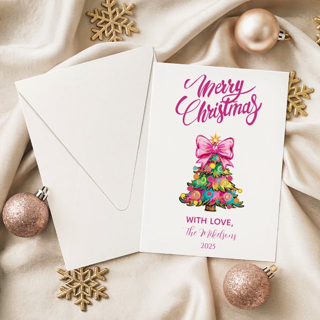 Whimsical Pink Bow Christmas Tree Julkort (Skapare uppladdad)