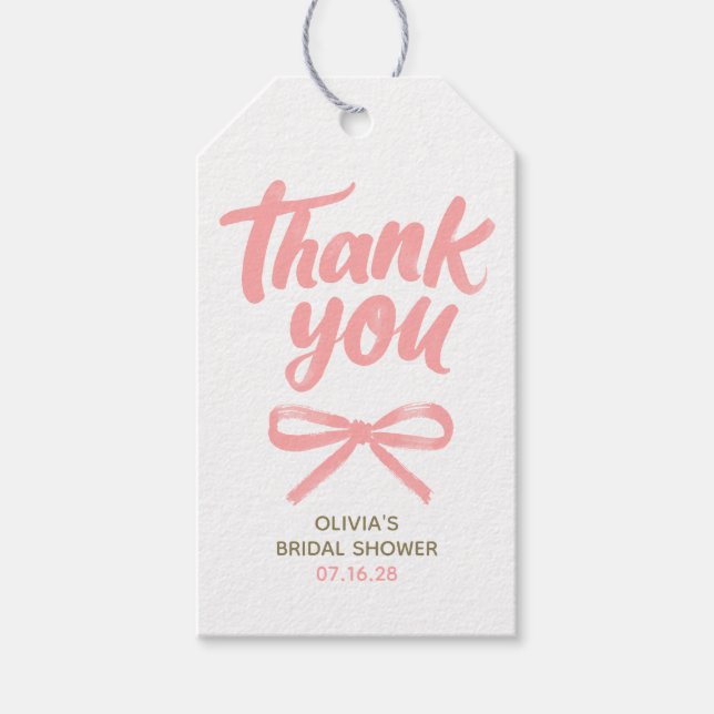 Whimsical Pink Bow Handwritten Bridal Thank You Presentetikett (Framsidan)