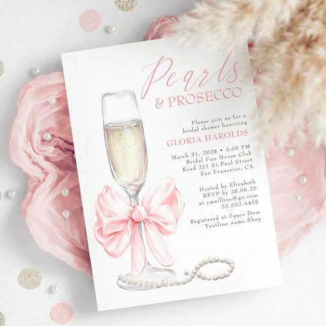 Whimsical Pink Bow Pearls & Prosecco Bridal Shower Inbjudningar (Pink Bow Pearls and Prosecco Elegant Romantic Bridal Shower Invitation)