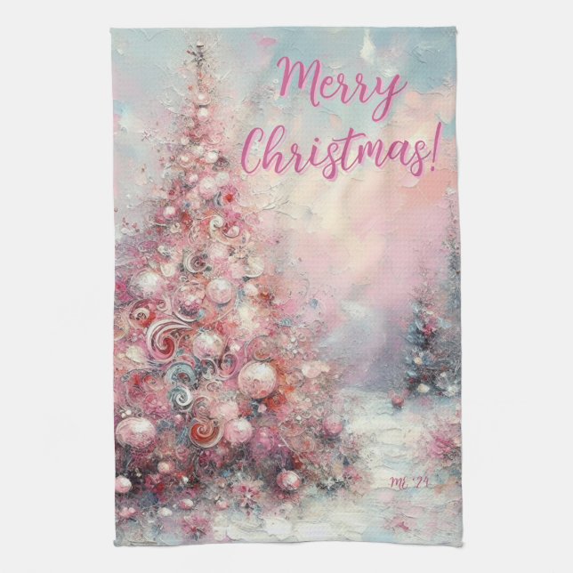 Whimsical Pink Christmas Tree Personalized Kökshandduk (Vertikal)