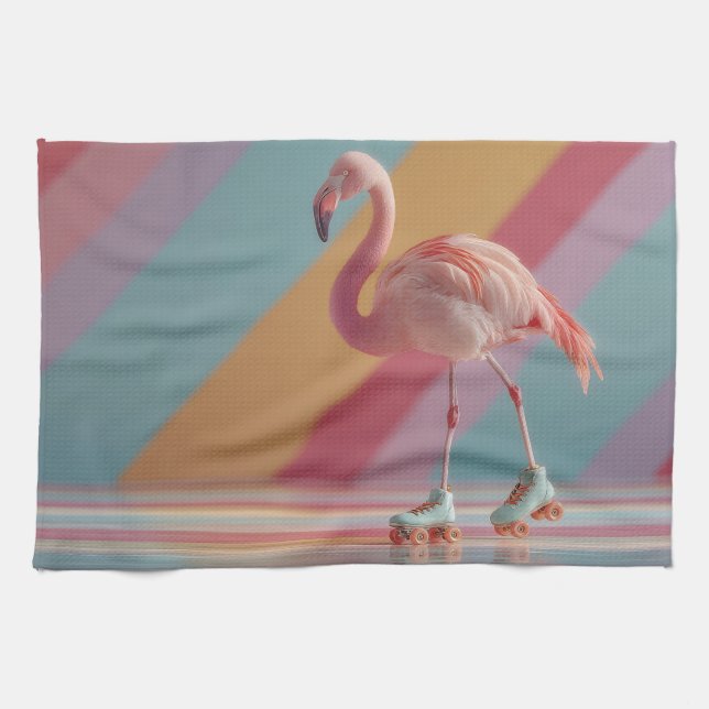 Whimsical Pink Flamingo on Roller Skates Kökshandduk (Horisontell)