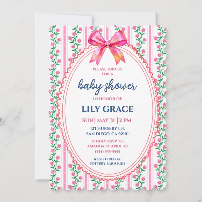 Whimsical Pink Floral & Bow Baby Shower Invitation Inbjudningar (Framsida)