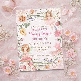 Whimsical Pink Floral Fairy First Garden Birthday Inbjudningar