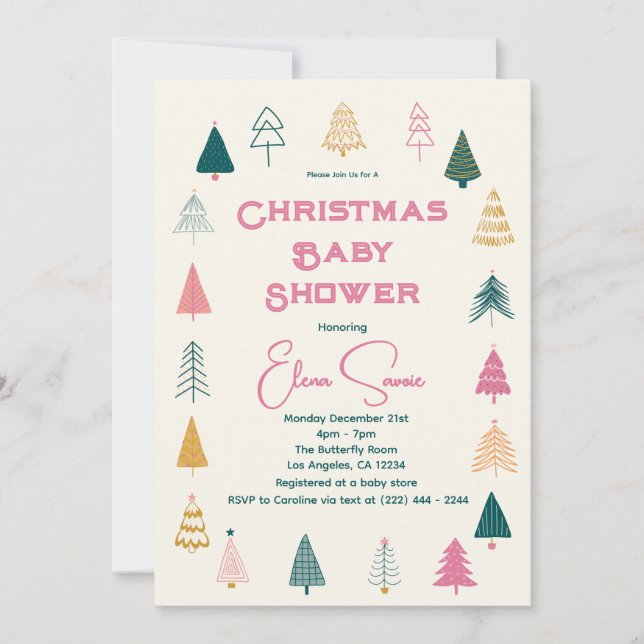Whimsical Pink & Green Christmas Tree Baby Shower (Framsida)