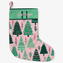 Whimsical Pink & Green Christmas Tree Pattern Name Liten Julstrumpa