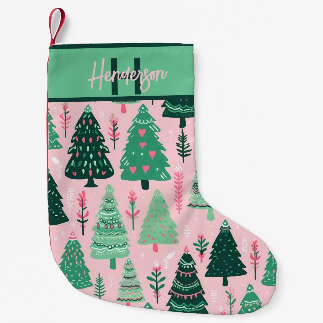 Whimsical Pink & Green Christmas Tree Pattern Name Liten Julstrumpa (Framsidan)