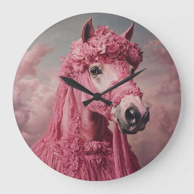 Whimsical Pink Horse Wall Clock - Elegant Fantasy  Stor Klocka (Framsida)