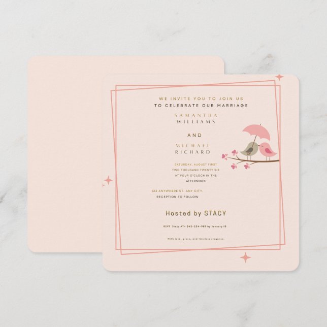Whimsical Pink Lovebirds Wedding Invitation Inbjudningar (Fram/baksida)