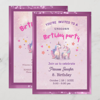 Whimsical Pink Magical Unicorn Birthday Party Inbjudningar