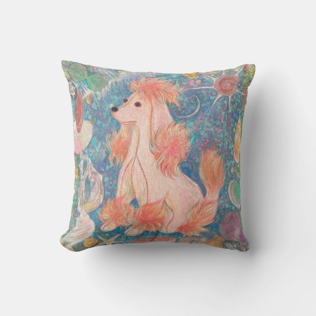 Whimsical Pink Poodle & Ocean Shells Cushion  Kudde (Framsida)