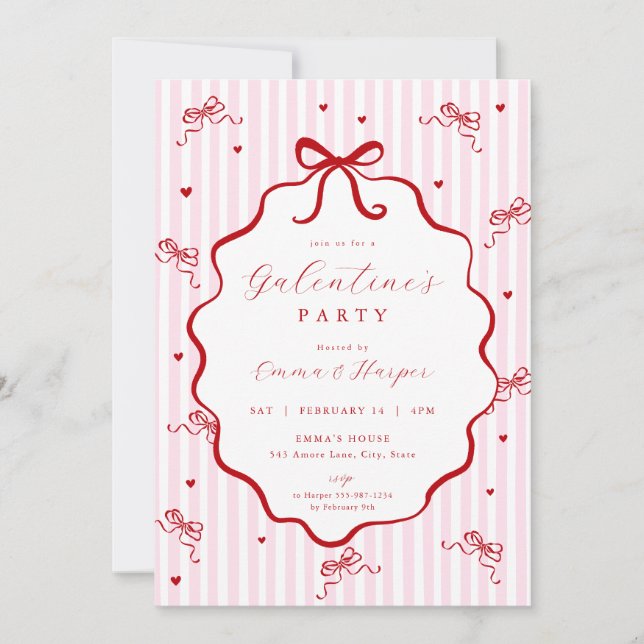 Whimsical Pink Red Bow Heart Galentine's Party Inbjudningar (Framsida)