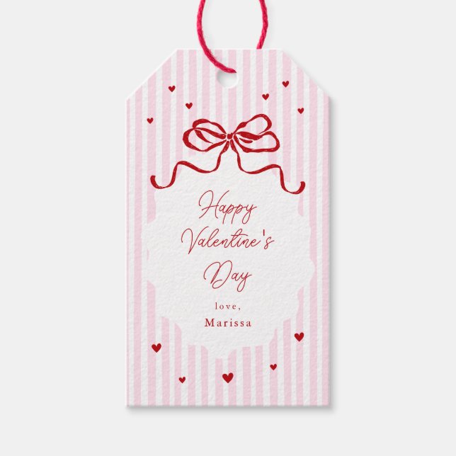 Whimsical Pink Red Bow Hearts Valentine's Day Presentetikett (Framsidan)