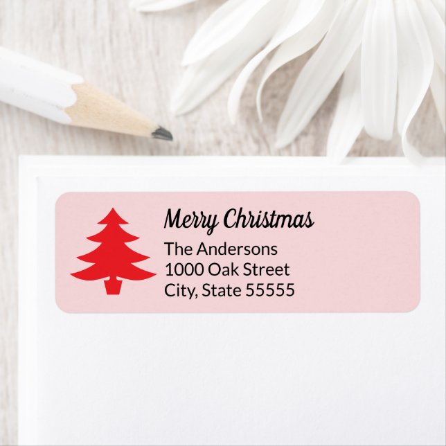 Whimsical Pink Red Christmas Tree Return Address Returadress Etikett (Insitu)