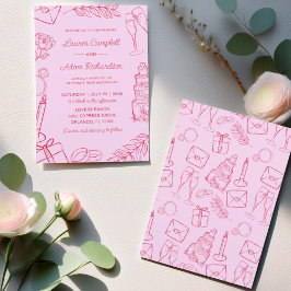 Whimsical Pink & Red Hand-Drawn Wedding Inbjudningar