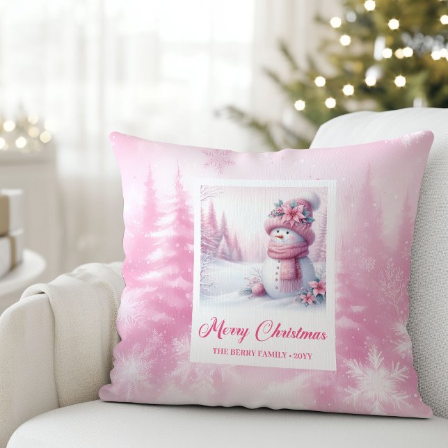 Whimsical Pink Snowman Winter Scene Pillow Gift Kudde (Whimsical Pink Snowman Winter Scene Pillow Gift)