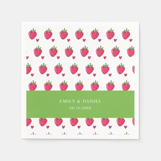 Whimsical Pink Strawberry Wedding Napkins Pappersservett (Framsidan)