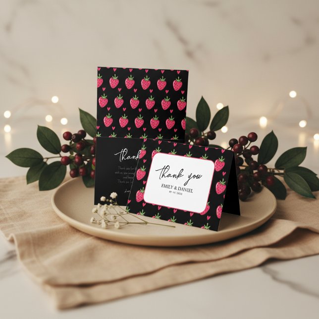 Whimsical Pink Strawberry wedding Thank You Card Tack Kort (Skapare uppladdad)