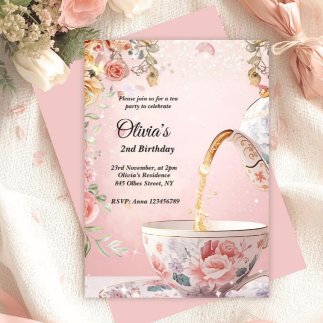 Whimsical Pink Tea Party Floral Birthday  Inbjudningar (garden tea party, pink tea party invitation, kids birthday invitation, spring tea party, glittery te)