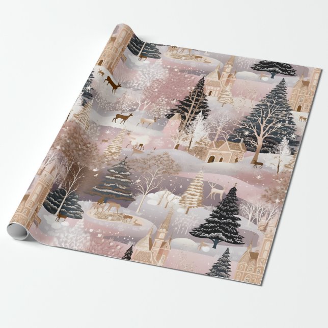 Whimsical Pink Winter Landscape (8) Presentpapper (Utrullad)