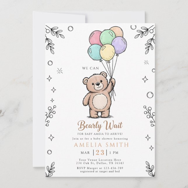 Whimsical Pink Yellow Teddy bear baby shower Inbjudningar (Framsida)